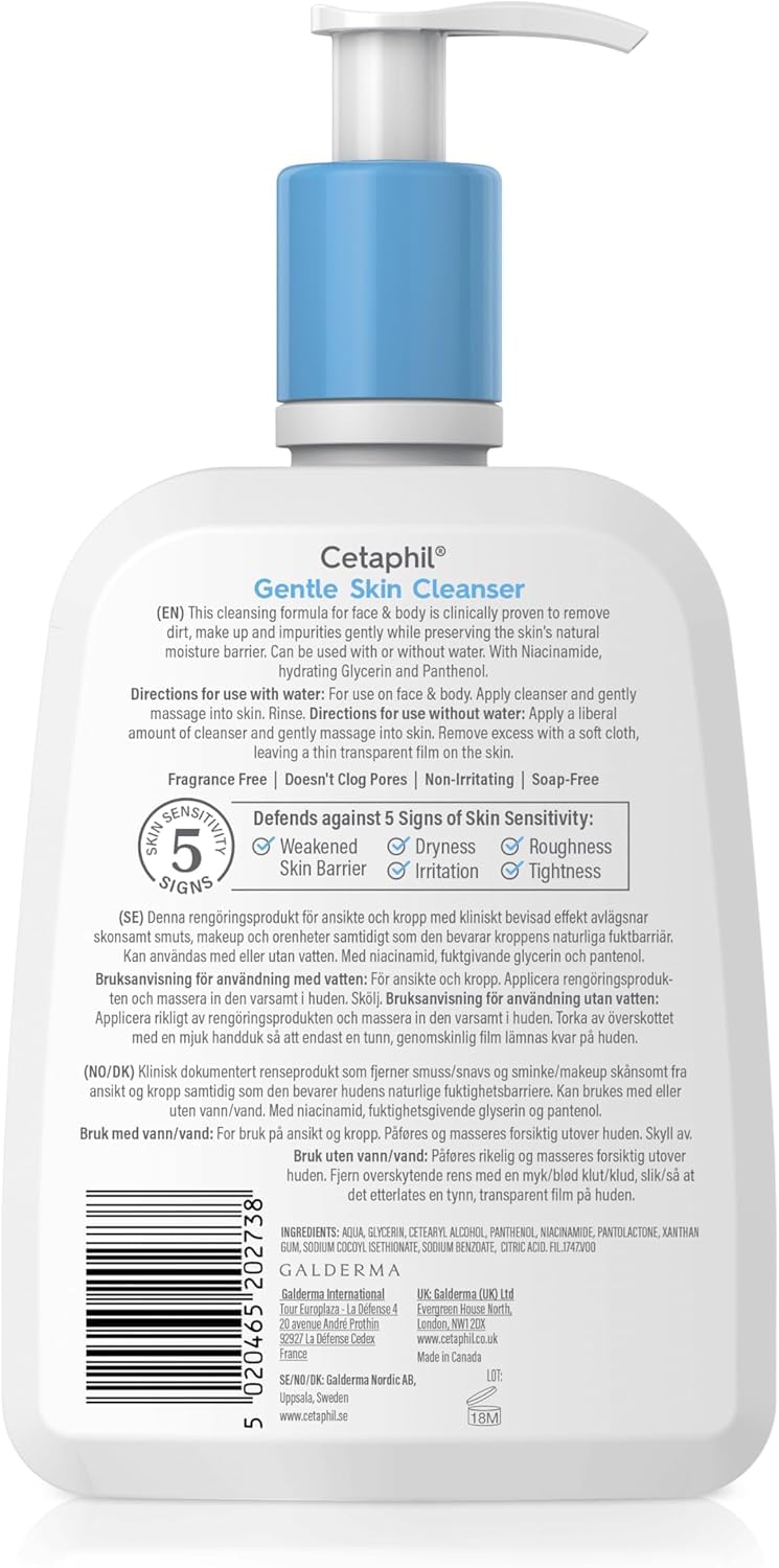 Cetaphil Gentle Skin Cleanser, 1L, Face & Body Wash, For Normal To Dry Sensitive Skin, With Niacinamide & Glycerin, Soap Free, 1 unit