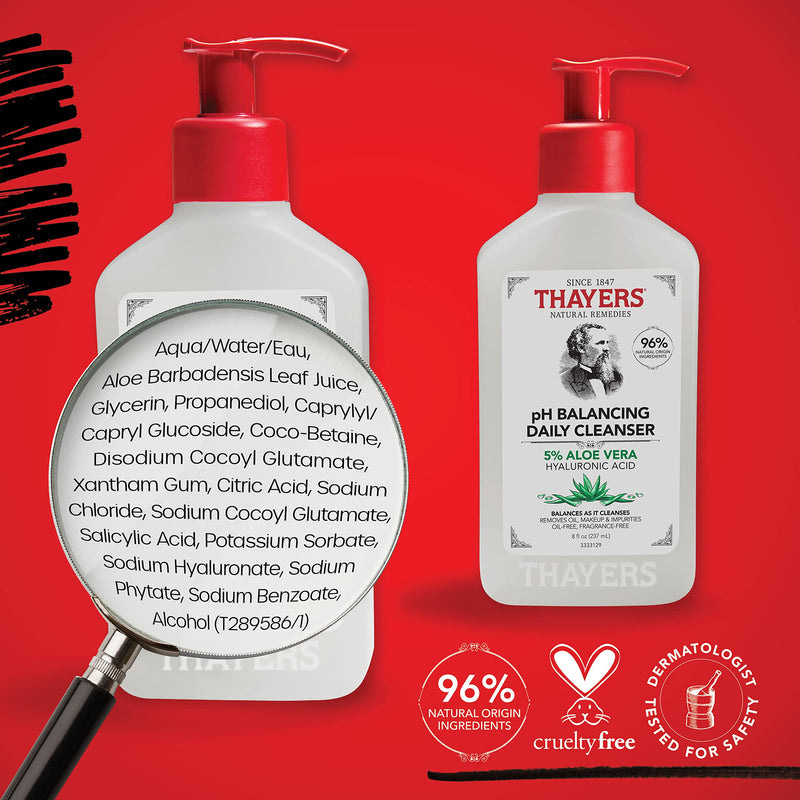 Thayers pH Balancing Daily Cleanser - Face Wash with Aloe Vera - Gentle and Hydrating Skin Care for Dry - Oily or Acne Prone Skin - 237 ml (Pack of 5)