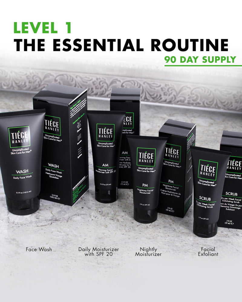 Tiege Hanley 90-Day Large Essential Skin Care Routine For Men (Level 1) - Smooth, Hydrate, And Protect Your Skin Men'S Skincare Set Includes Face Wash, Facial Scrub, & Am Pm Moisturizer's